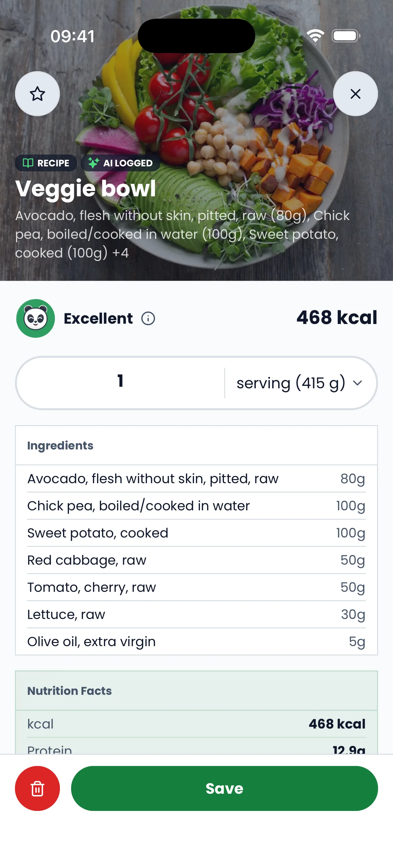 A photographed vegetable bowl with reviewed ingredients, weights, a quality grade and full nutrition facts
