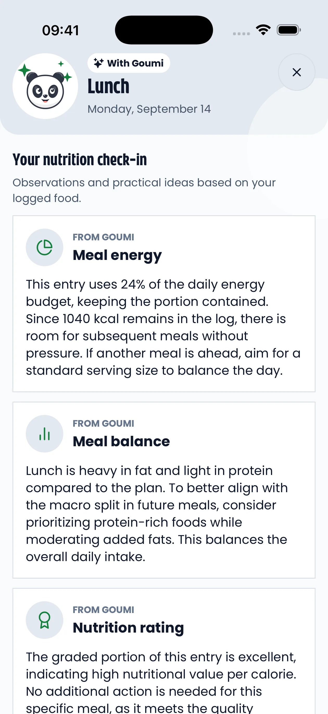 Goumiβs Premium AI coach header and nutrition check-in introduction, with illustrated insight cards and a Premium lock.
