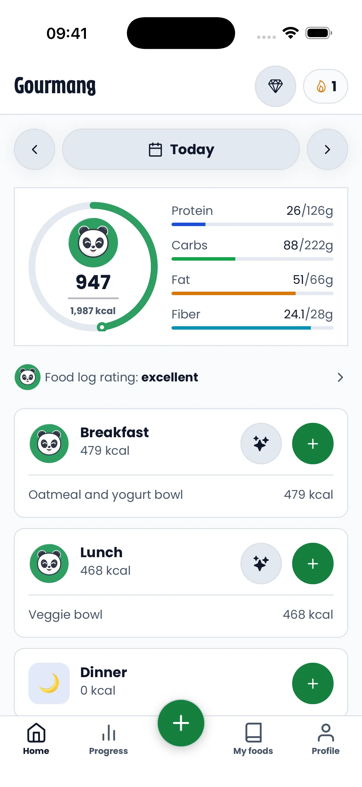 The home screen: the day ring, macro progress and the meals logged so far