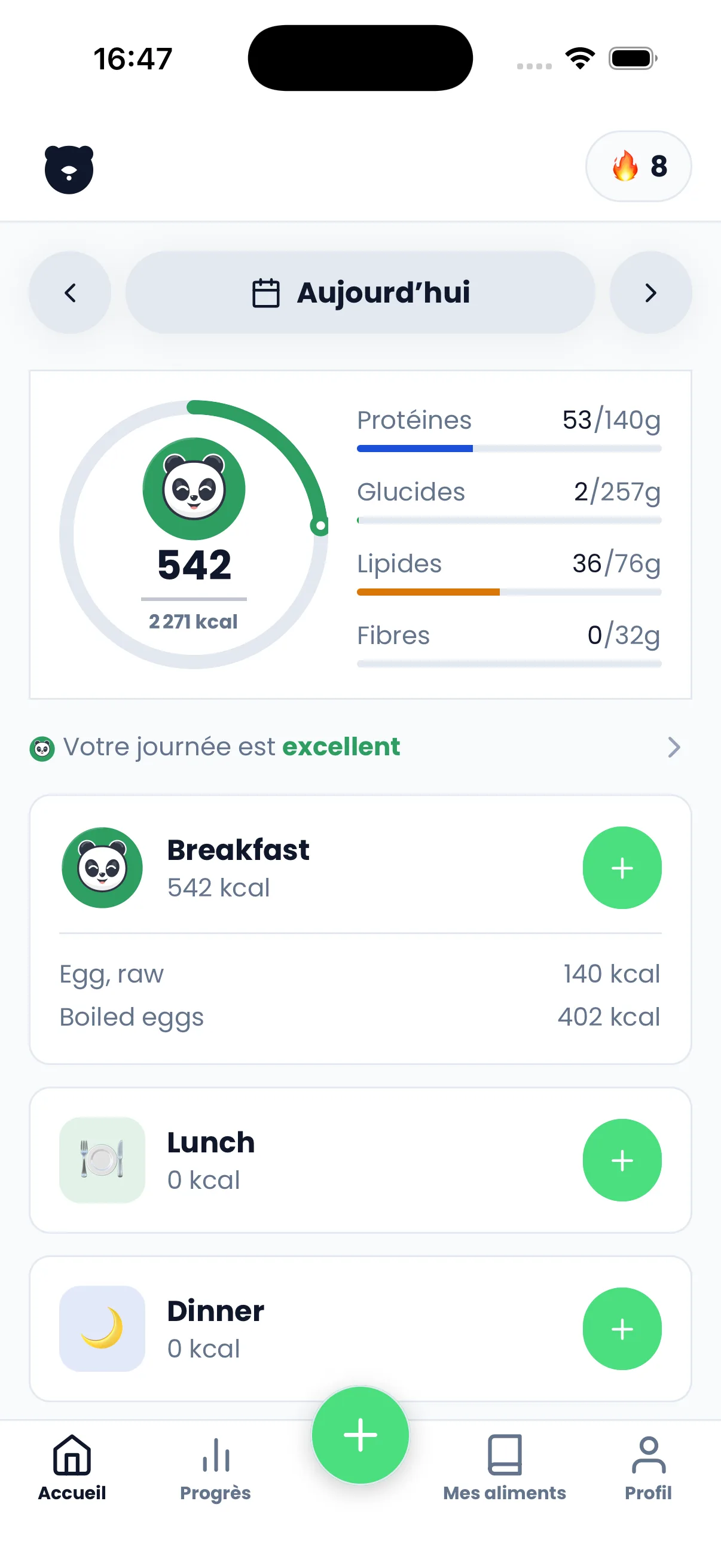 L’écran d’accueil : l’anneau de la journée, la progression des macros et les repas déjà enregistrés
