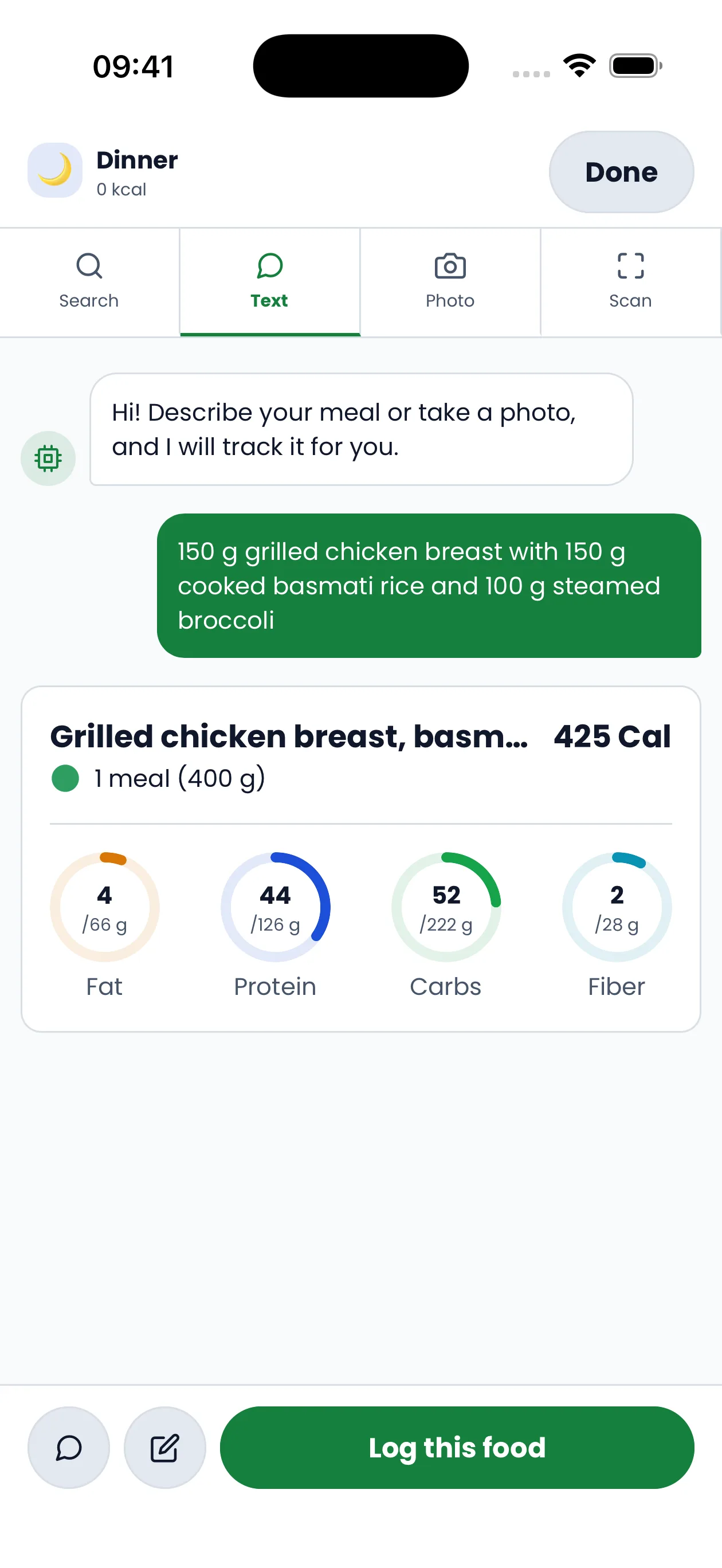 A meal described in plain text and turned into calories and macros