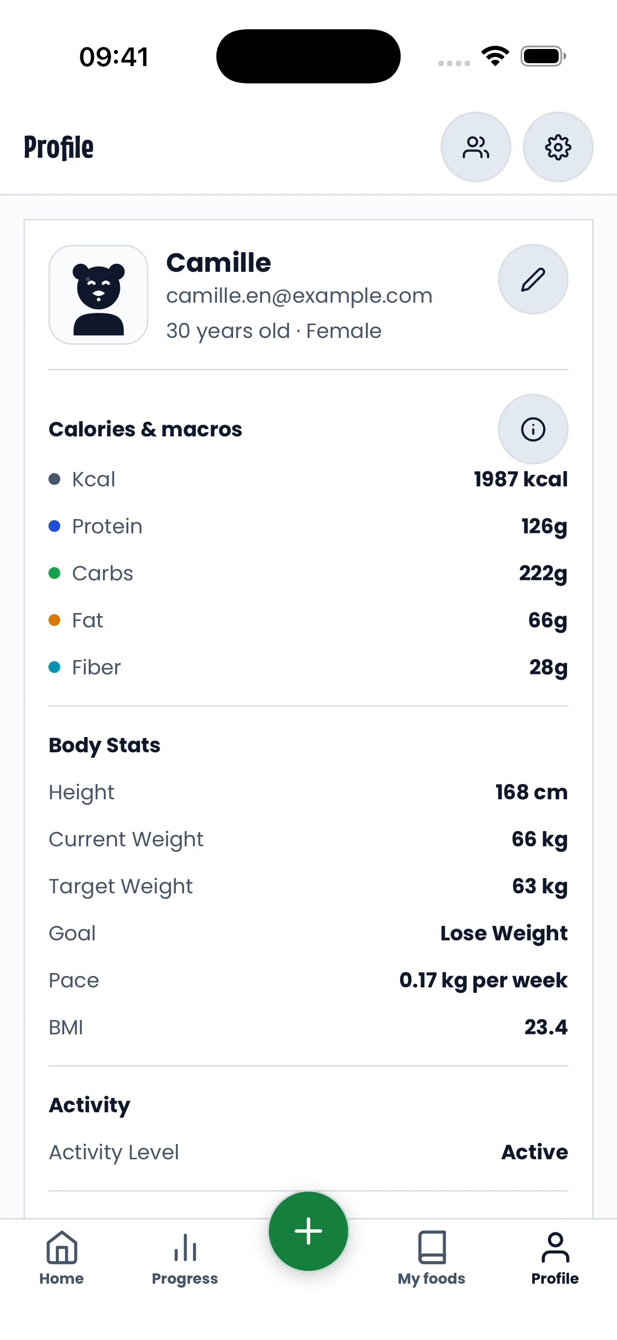 Profile with body measurements and estimated daily calorie, protein, carbohydrate, fat and fibre targets