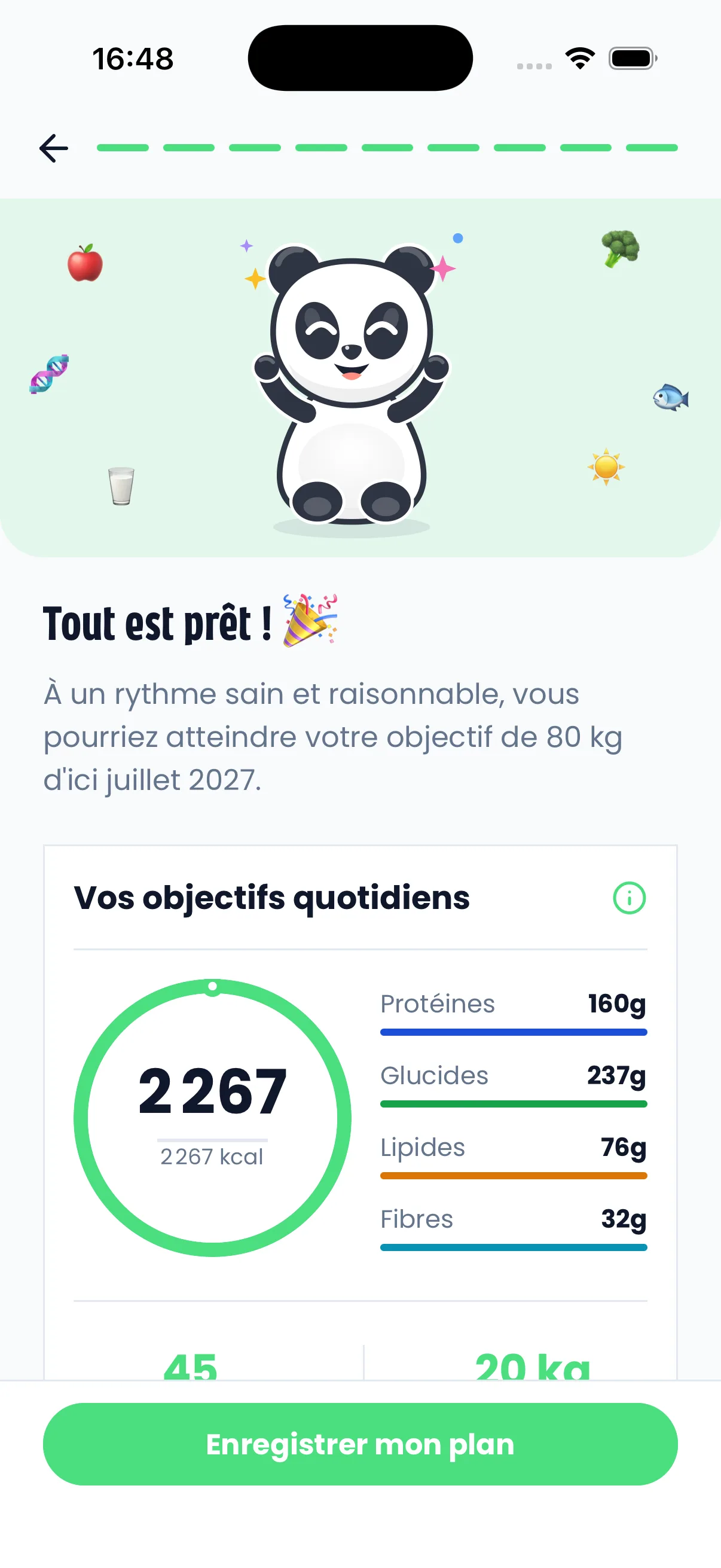 L’écran de plan : objectif calorique du jour avec protéines, glucides, lipides et fibres, et la date pour atteindre l’objectif