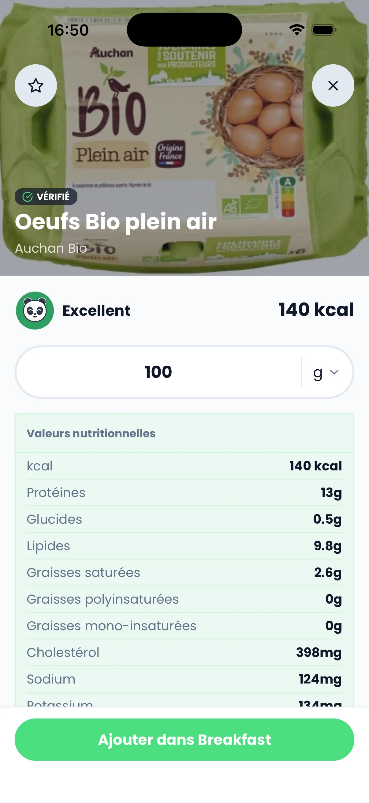 Un produit scanné avec ses valeurs nutritionnelles complètes