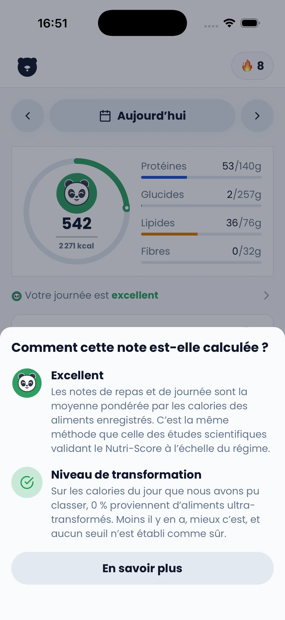 La fiche qualité expliquant la note du jour et son niveau de transformation