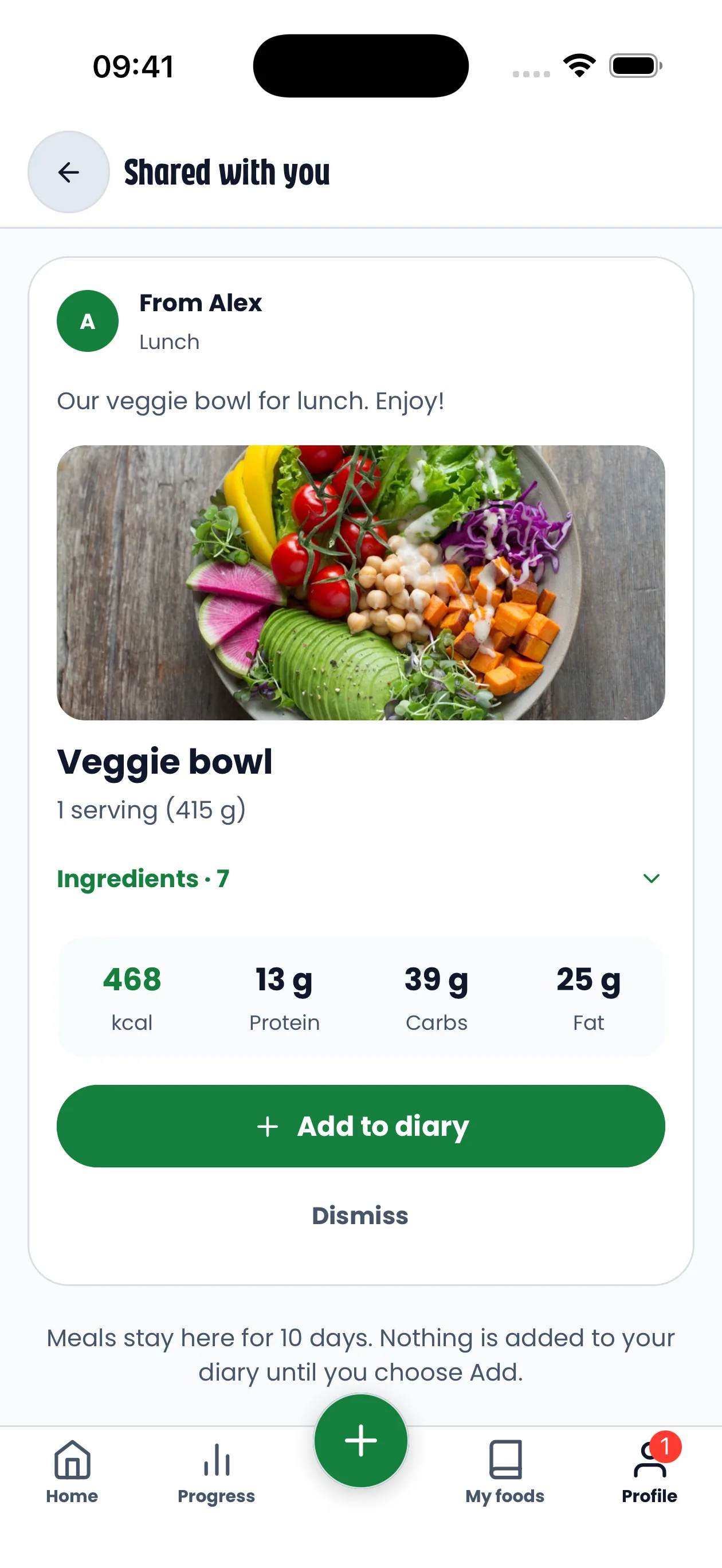 Meal shared by Alex, with a large food photo, expandable ingredients, calories, macros and an Add to diary button